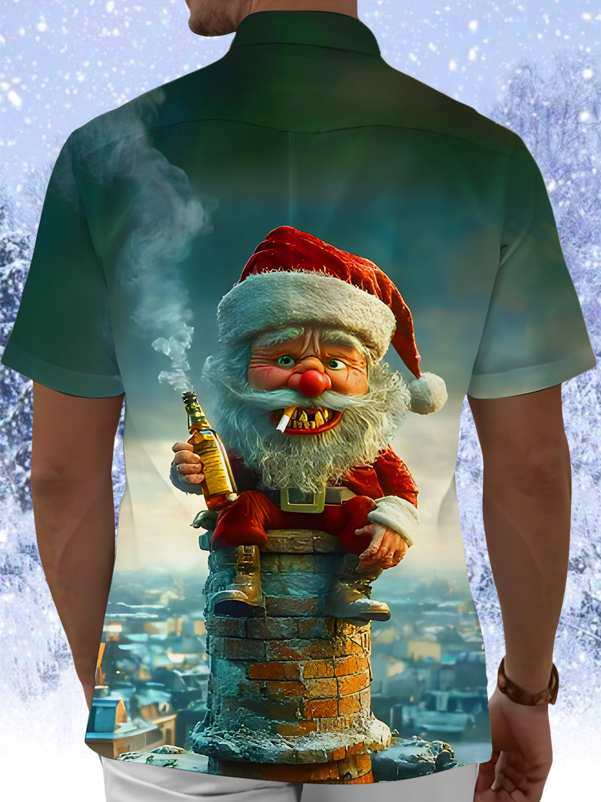 Fun Christmas Santa Claus Smoking Wine Chimney Xmas Men's Pocket Short Sleeve Shirts