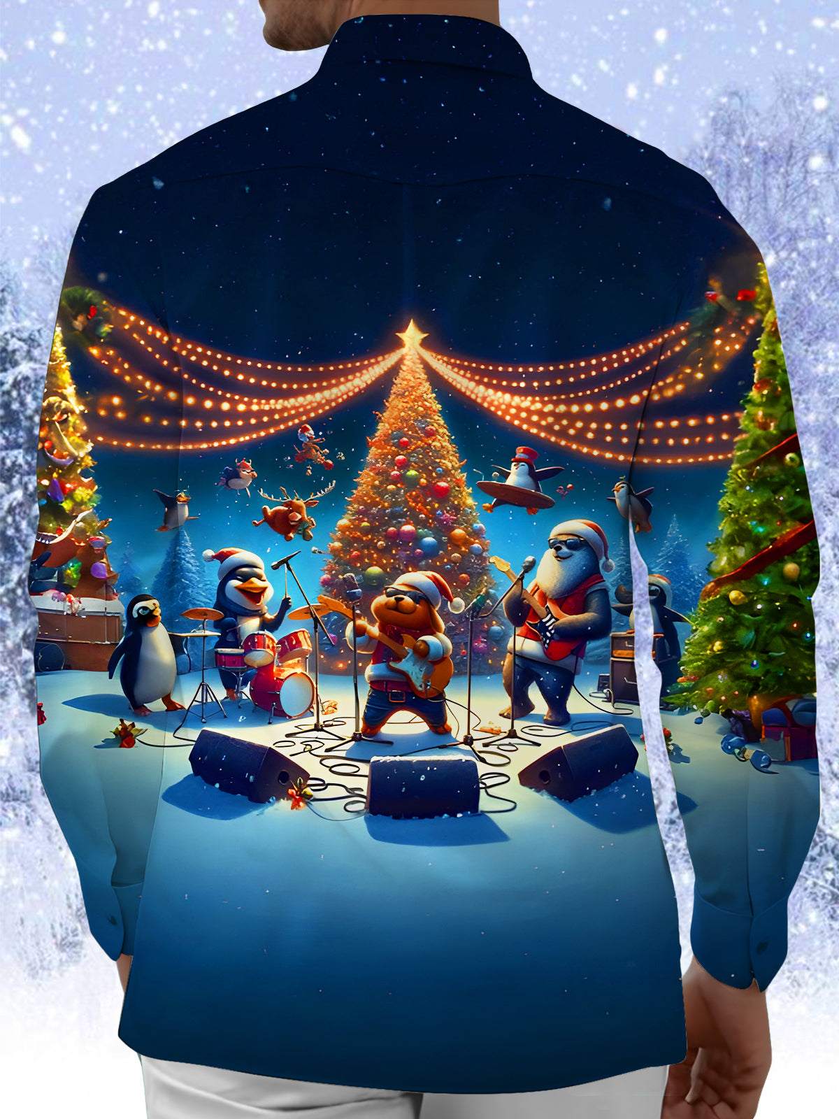 Fun Christmas Tree Penguin Reindeer Puppy Music Concert Xmas Men's Pocket Long Sleeve Shirts