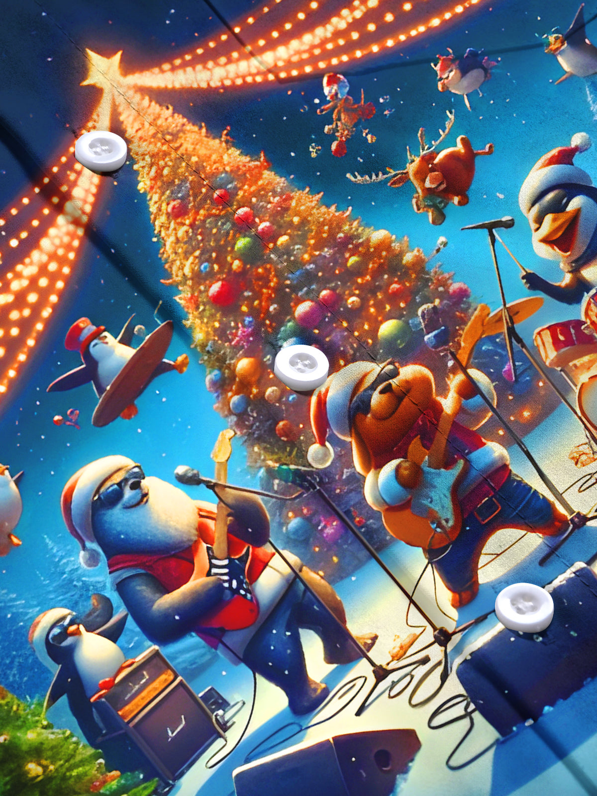 Fun Christmas Tree Penguin Reindeer Puppy Music Concert Xmas Men's Pocket Long Sleeve Shirts