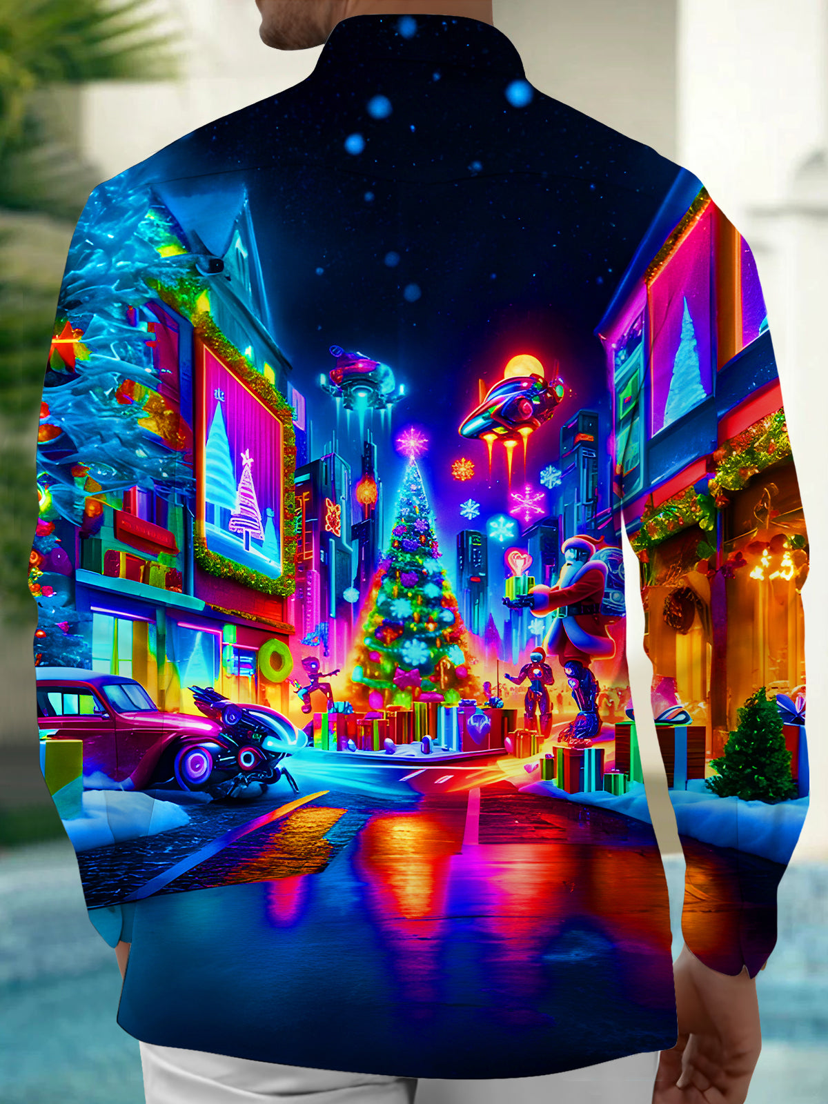 Psychedelic Neon Interstellar City Christmas Tree Santa Claus Xmas Men's Pocket Long Sleeve Shirts