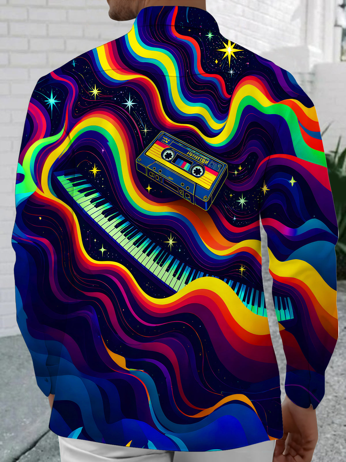 Colorful Stars Music Piano Tape Men's Pocket Long Sleeve Shirts