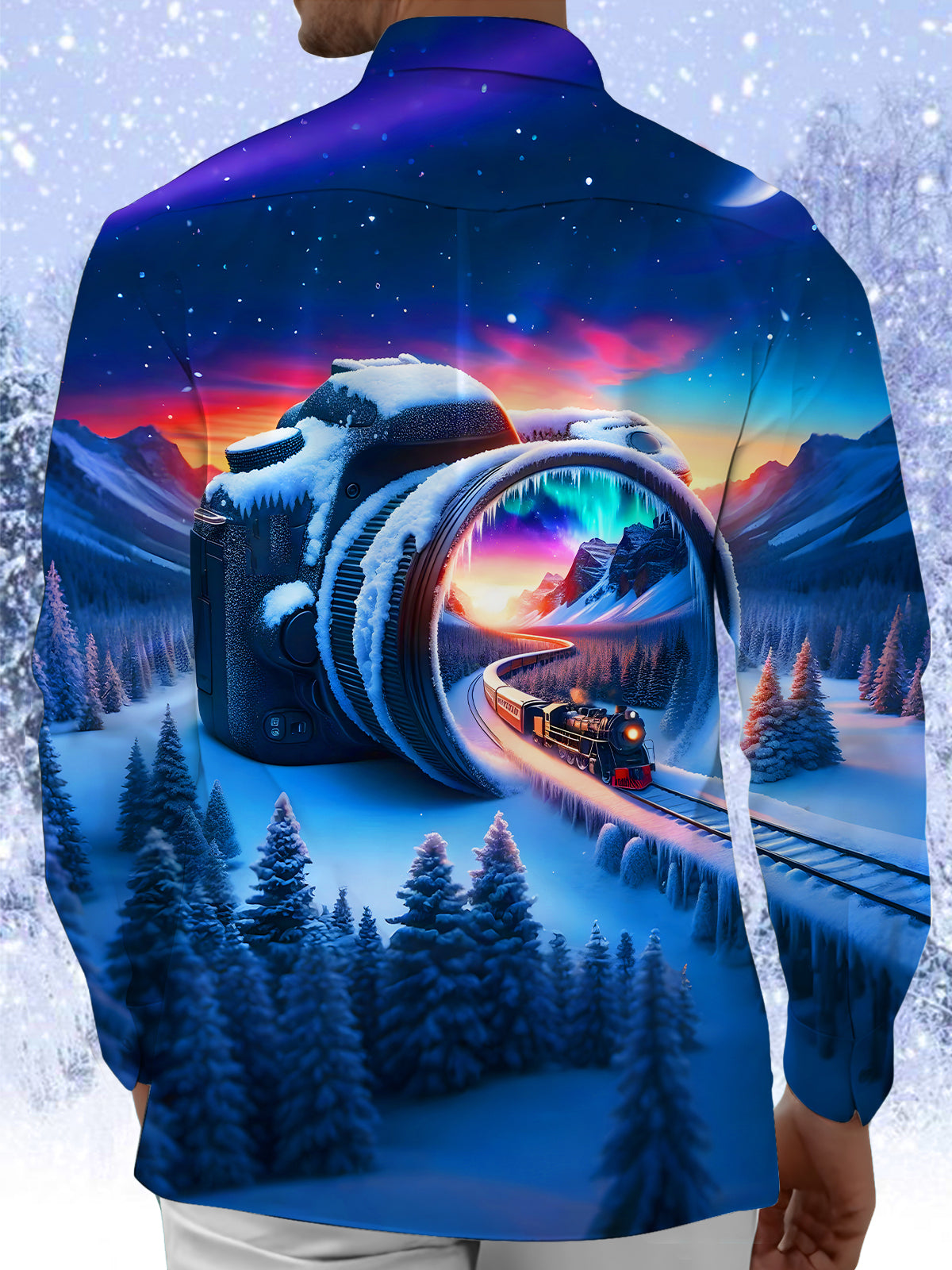 Winter Snow Camera Aurora Train Men's Pocket Long Sleeve Shirts