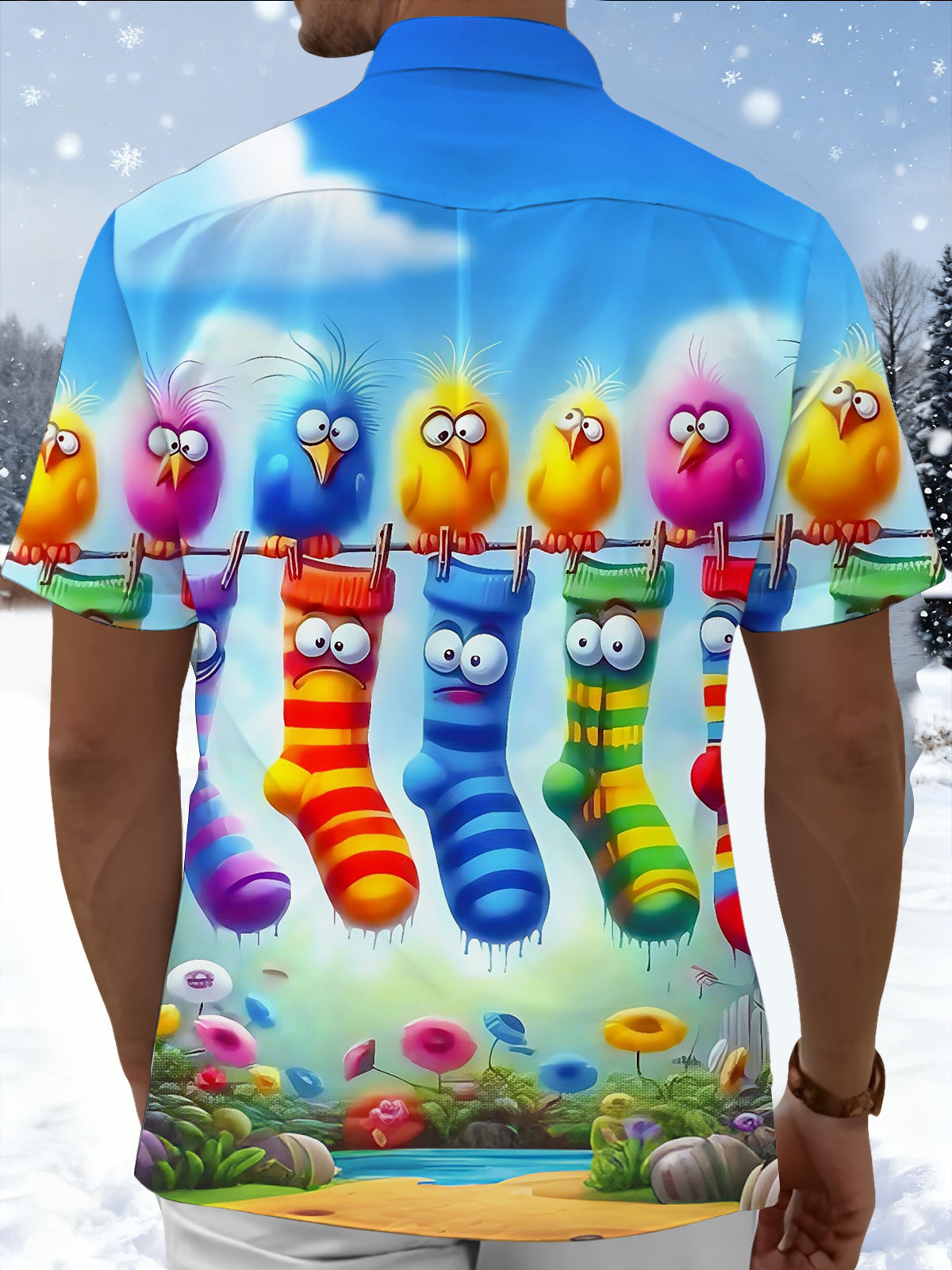 Funny Cartoon Bird Socks Print Men's Pocket Short Sleeve Shirts