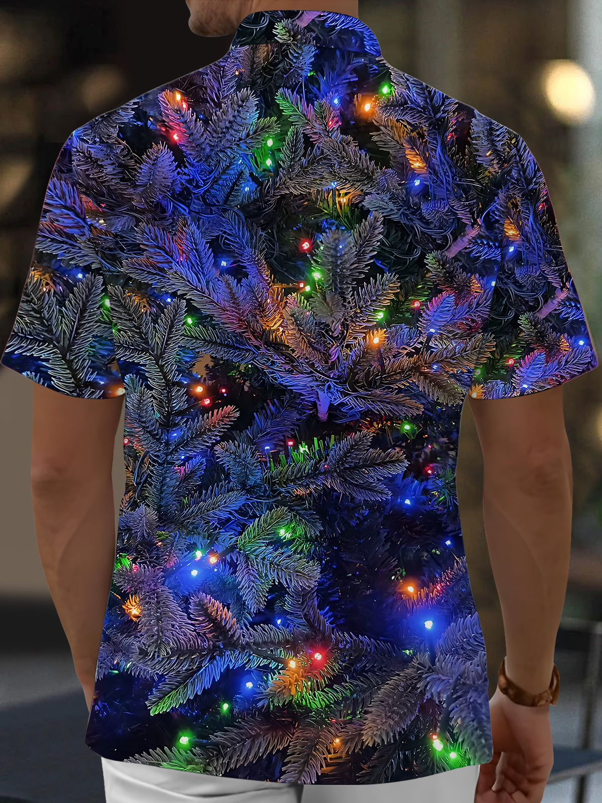 Christmas Tree Lights Print Men's Pocket Short Sleeve Shirts