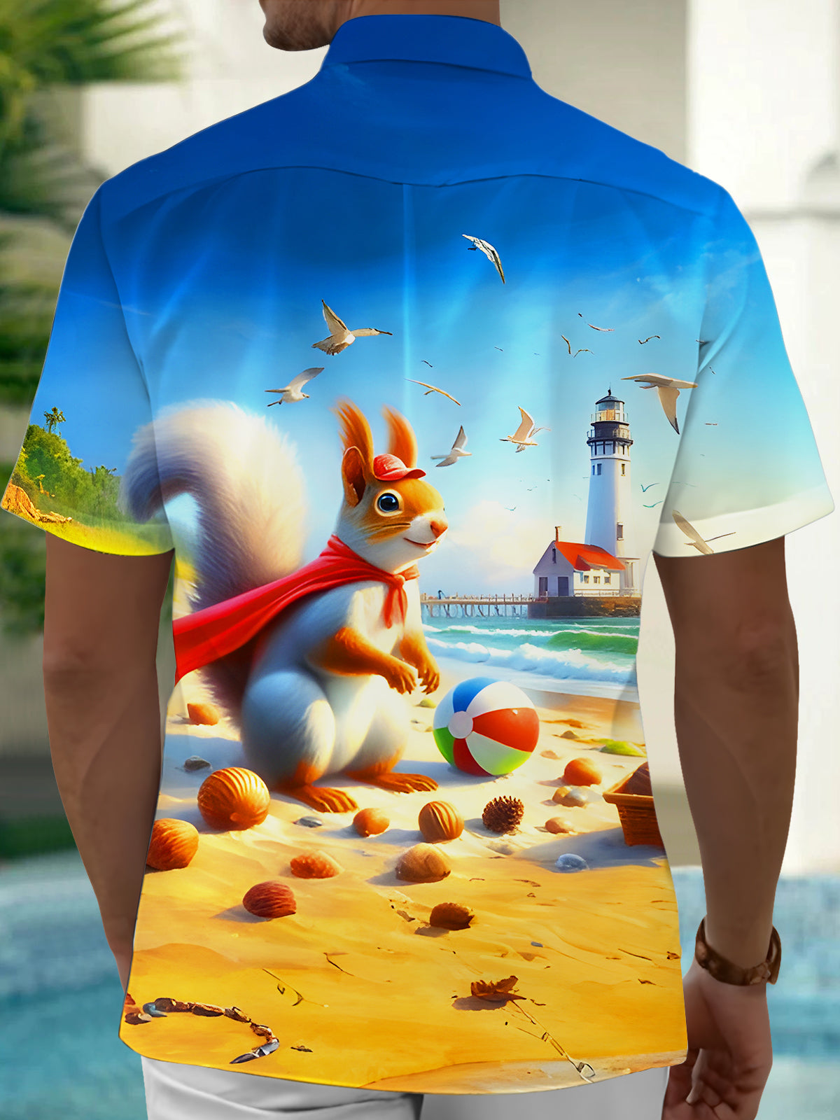 Fun Squirrel Beach Volleyball Lighthouse Men's Pocket Short Sleeve Shirts