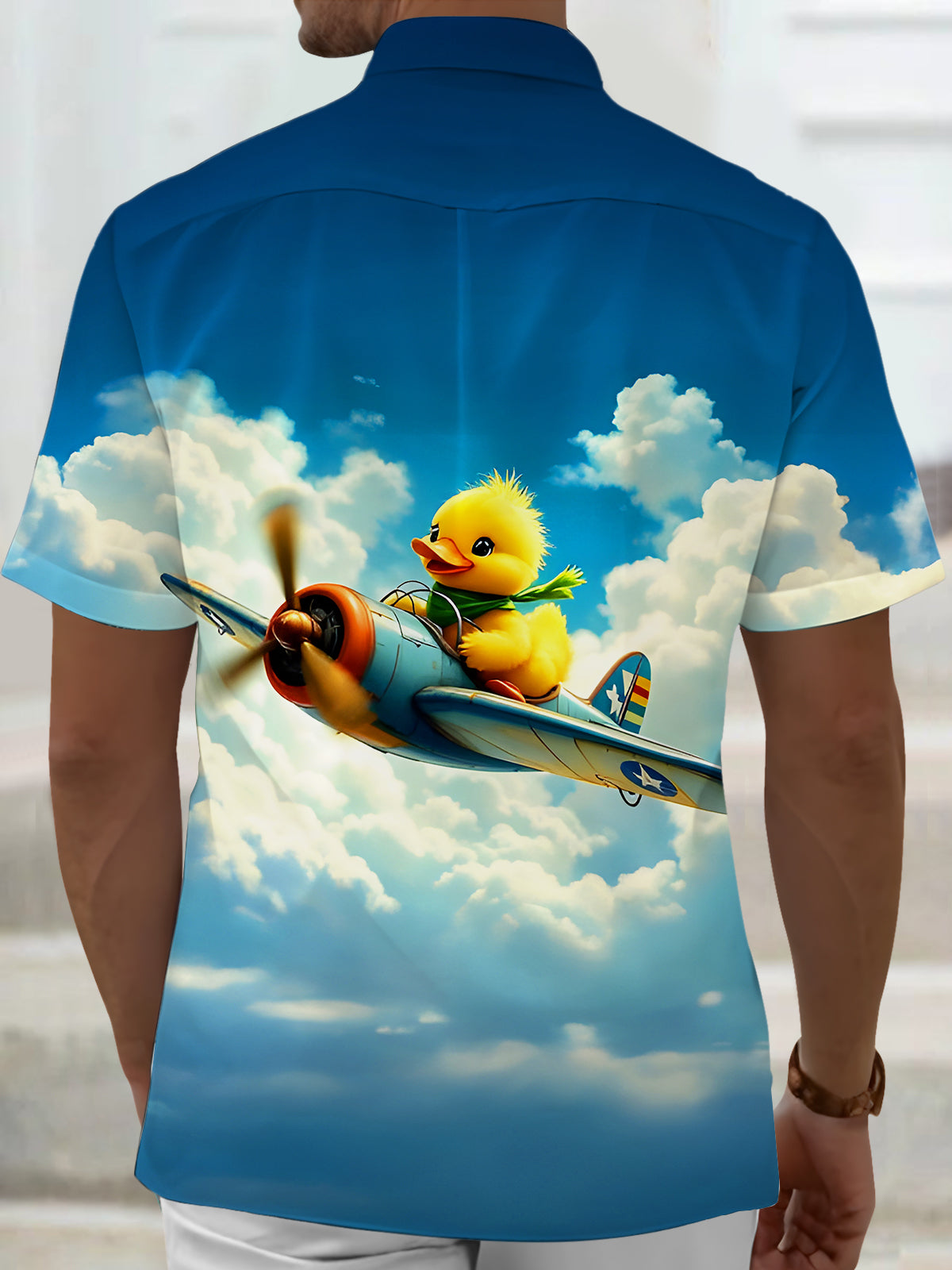 Fun Little Yellow Duck Flying Airplane Men's Pocket Short Sleeve Shirts