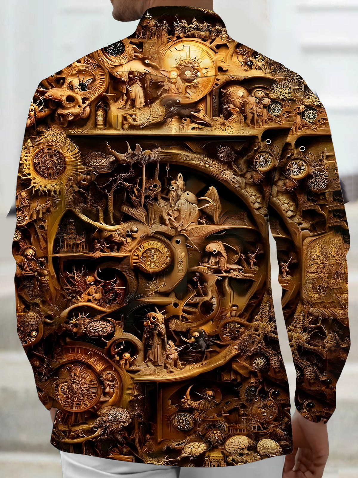 Vintage Craftsmanship Wood Carving Art Men's Pocket Long Sleeve Shirts