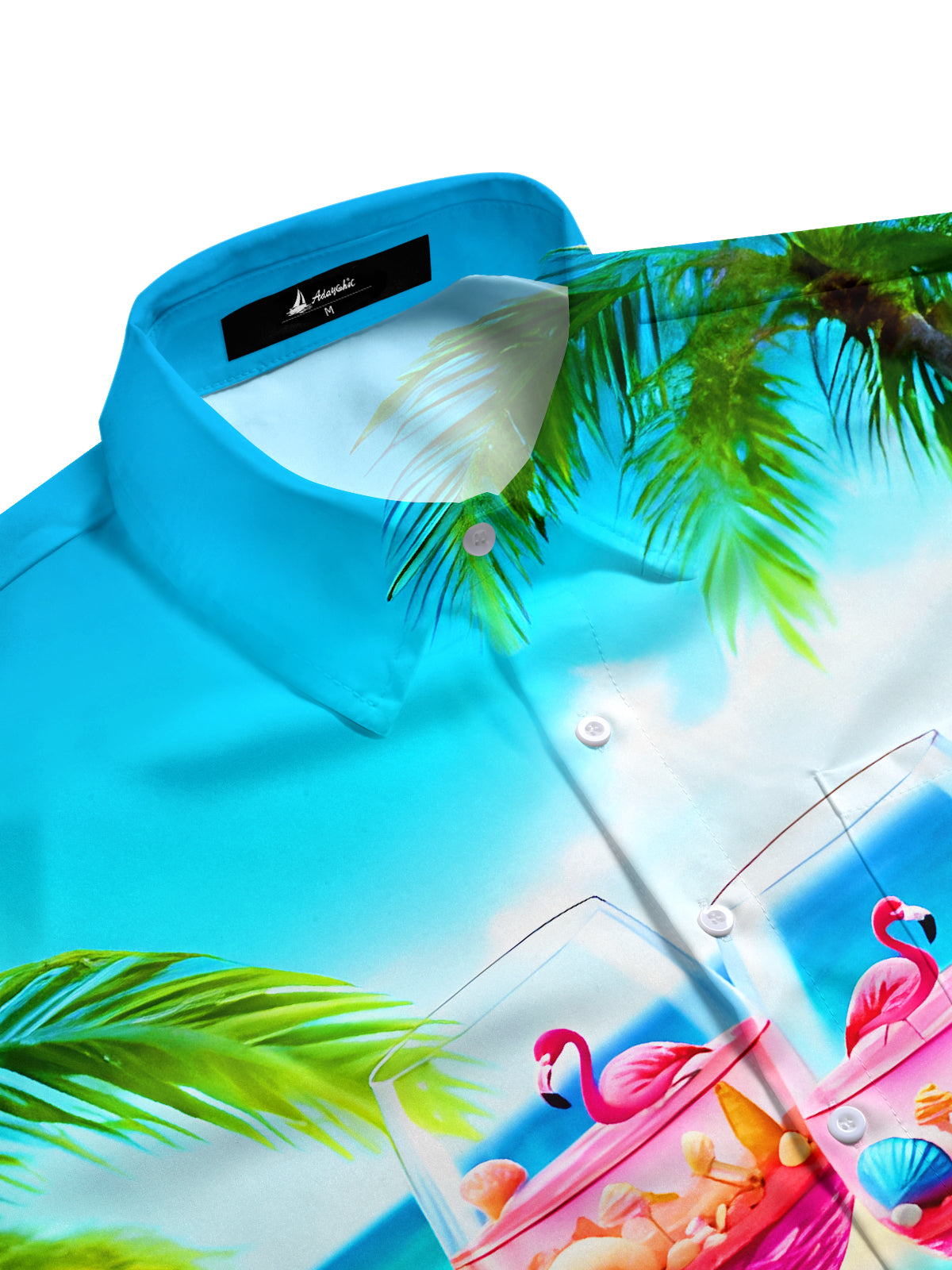 Hawaii Palm Trees Fun Flamingos Wine Glasses Beach Shells Men's Pocket Short Sleeve Shirts