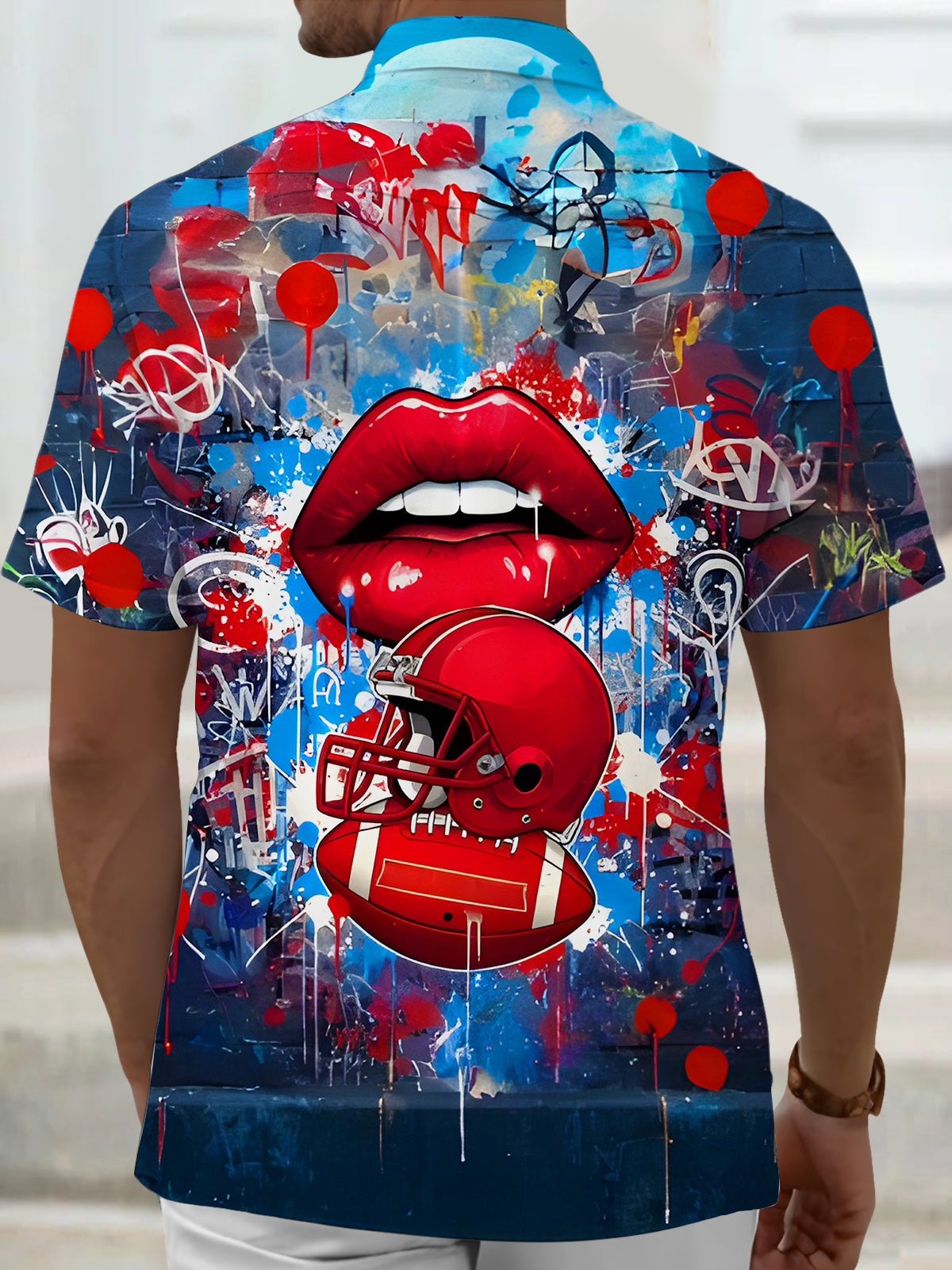 Art Graffiti Red Lips American Football Sports Men's Pocket Short Sleeve Shirts