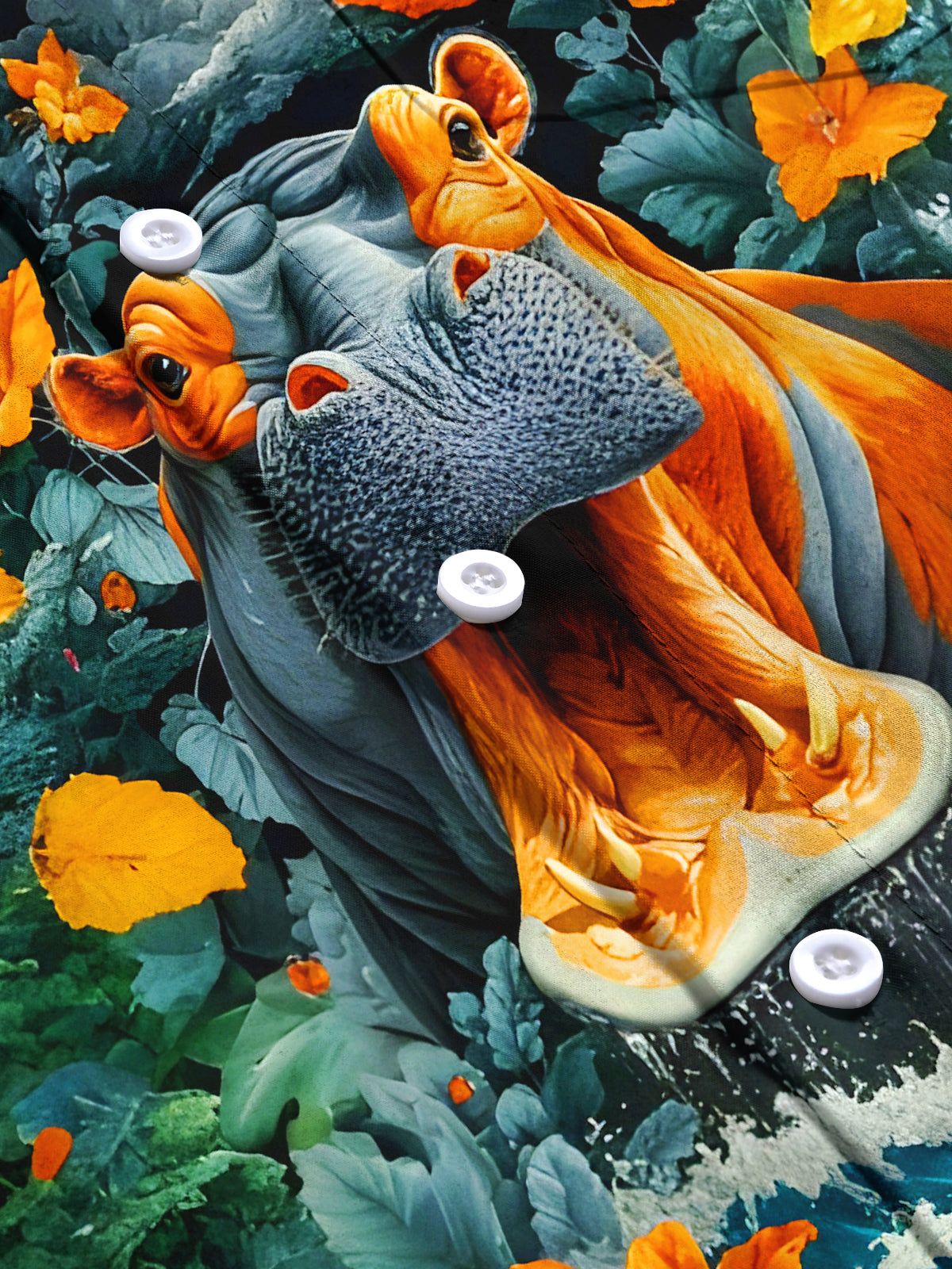 Fun Open-mouthed Hippopotamus Flower Petals Waves Men's Pocket Short Sleeve Shirts