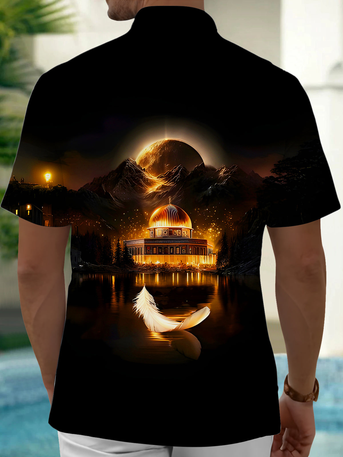 Dark Feathers Domed Building Full Moon Reflection Men's Pocket Short Sleeve Shirts