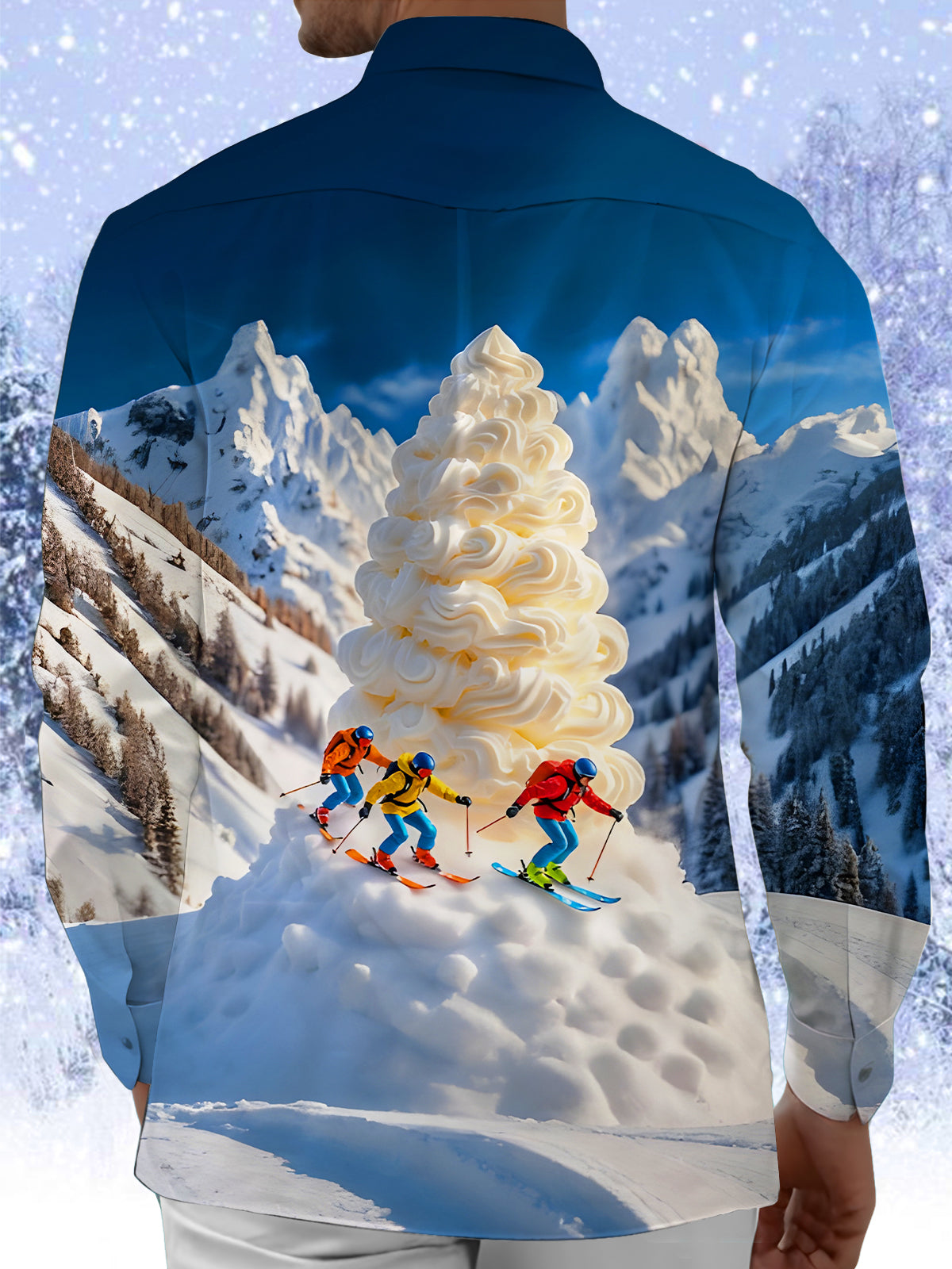 Fun Skiing Creamy Snow-covered Mountain Men's Pocket Long Sleeve Shirts