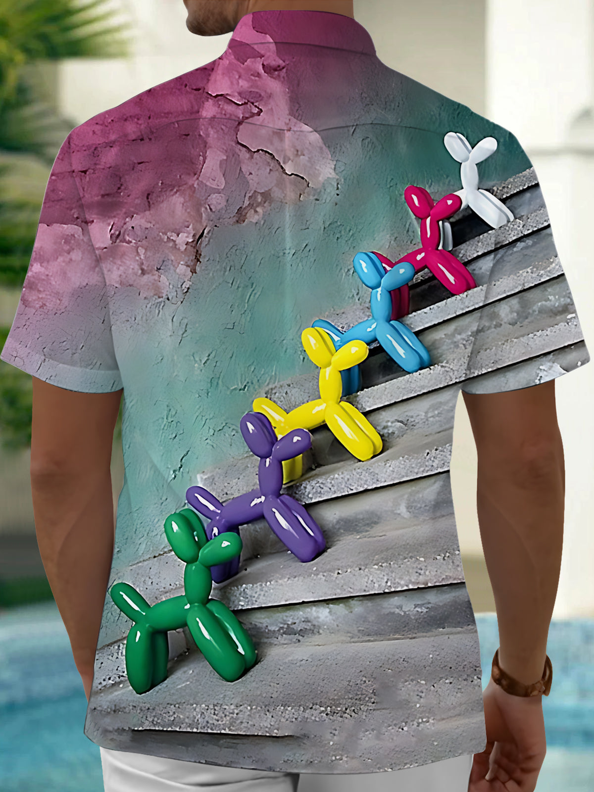 Balloon Dog Print Men's Pocket Short Sleeve Shirts