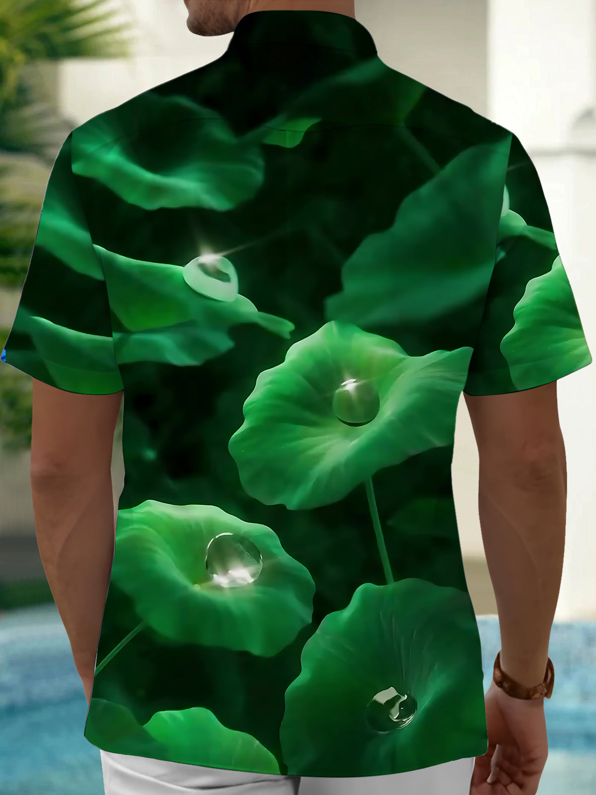 Lotus Leaf Print Men's Pocket Short Sleeve Shirts