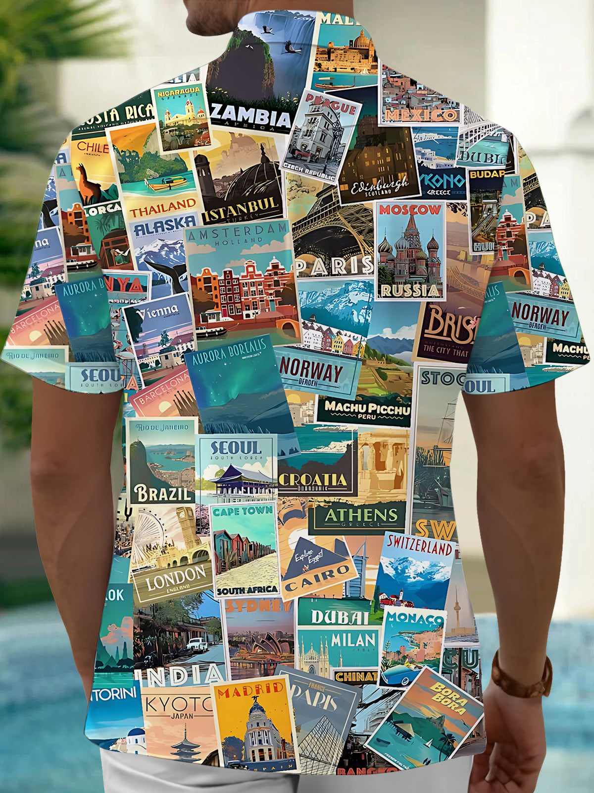 Travel Poster Print Men's Pocket Short Sleeve Shirts