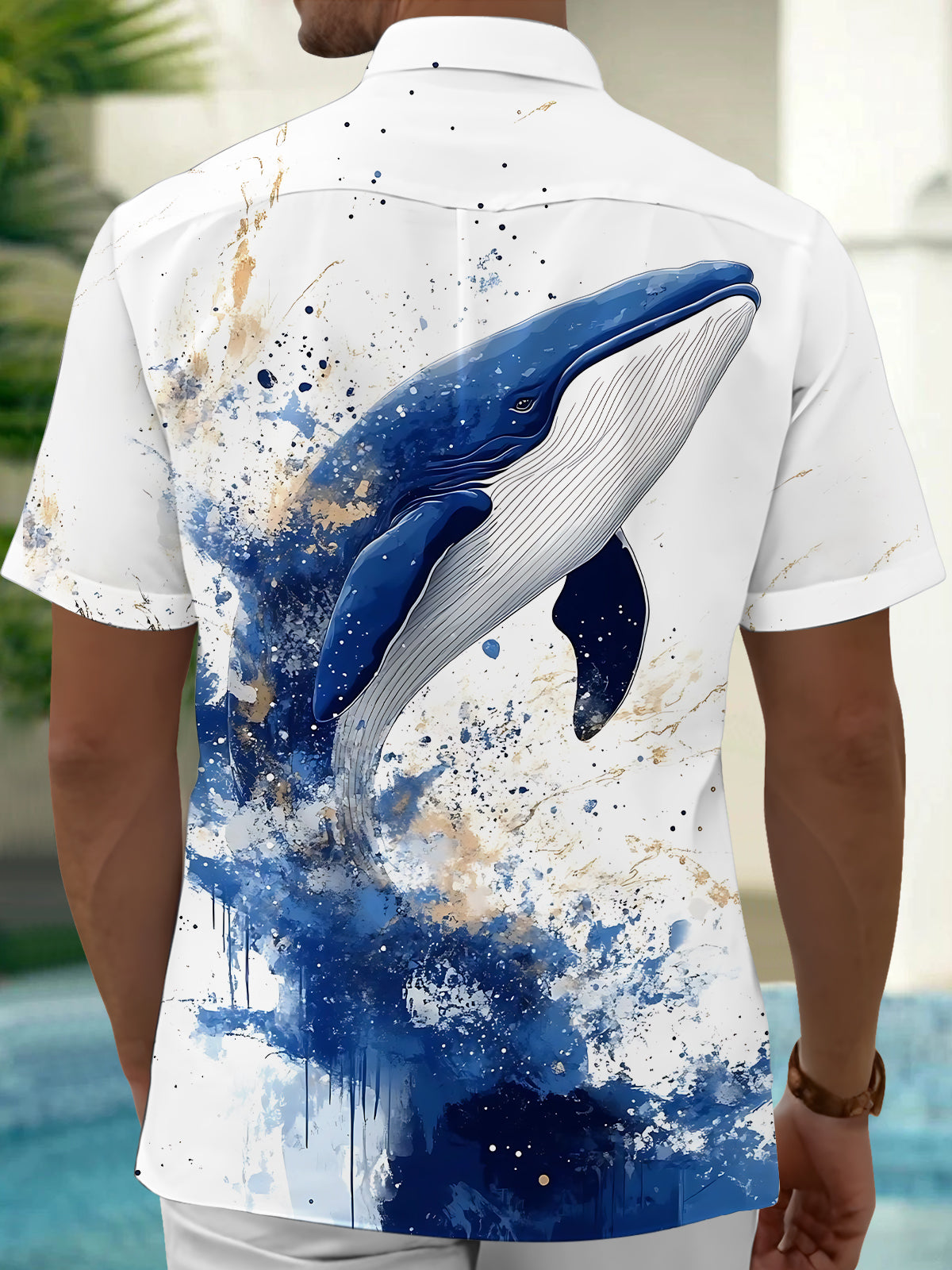 Blue Whale Print Men's Pocket Short Sleeve Shirts