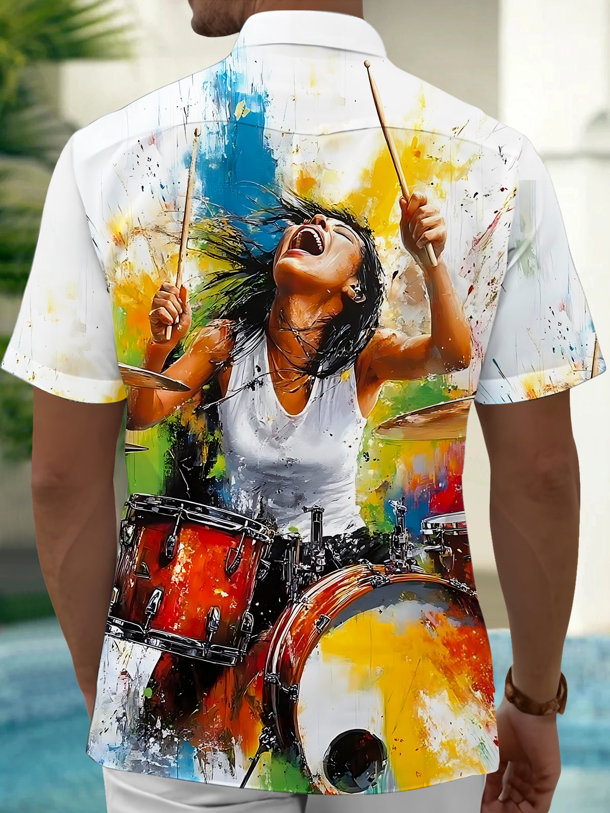 Female Drummer Print Men's Pocket Short Sleeve Shirts