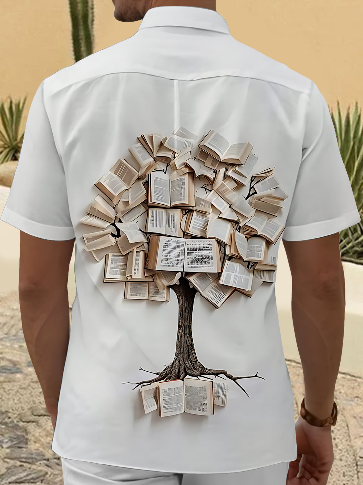 Book Tree Print Men's Pocket Short Sleeve Shirts