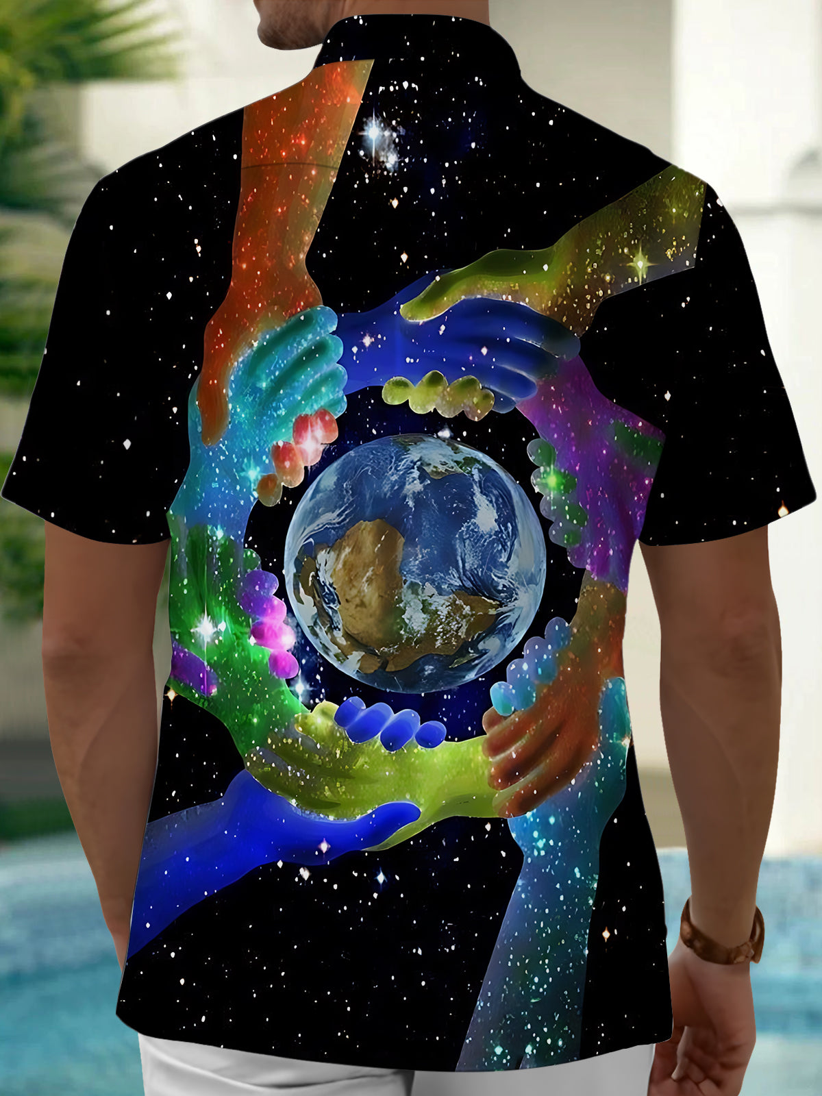 Earth Art Print Men's Pocket Short Sleeve Shirts