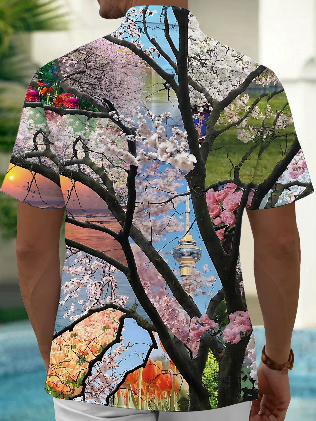 Sakura Print Men's Pocket Short Sleeve Shirts