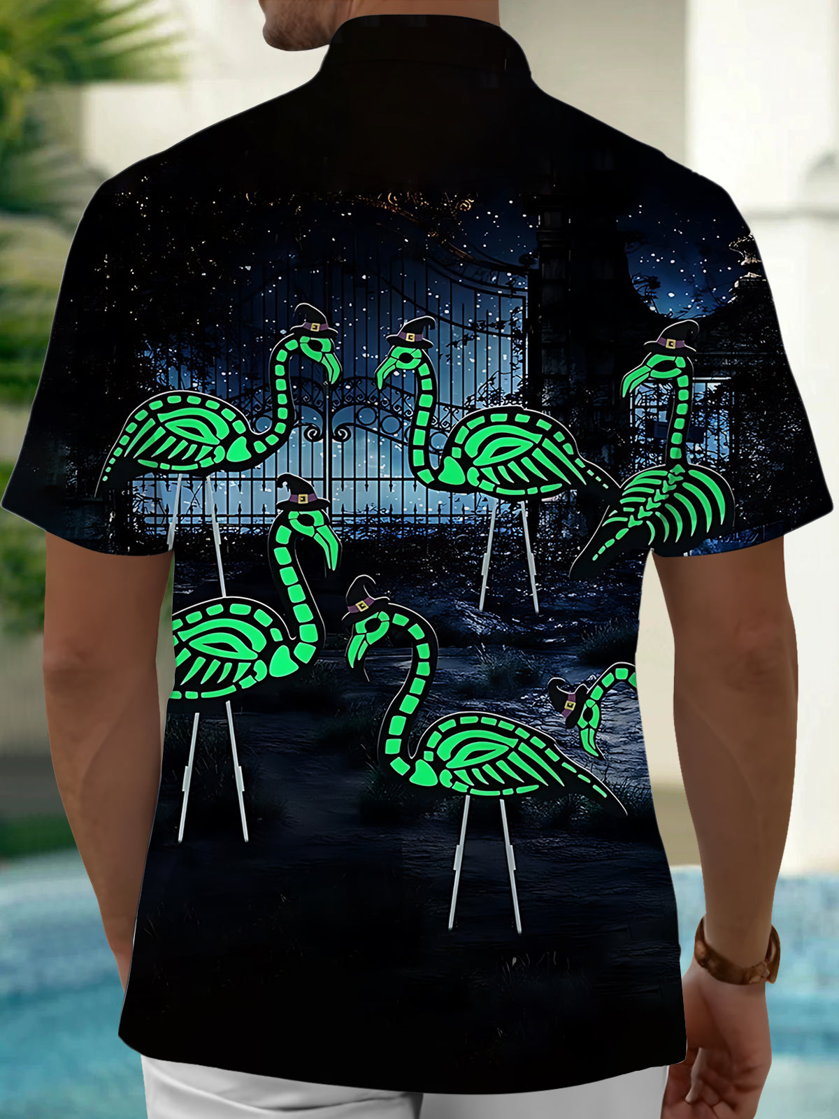 St. Patrick's Day Flamingo Print Men's Pocket Short Sleeve Shirts