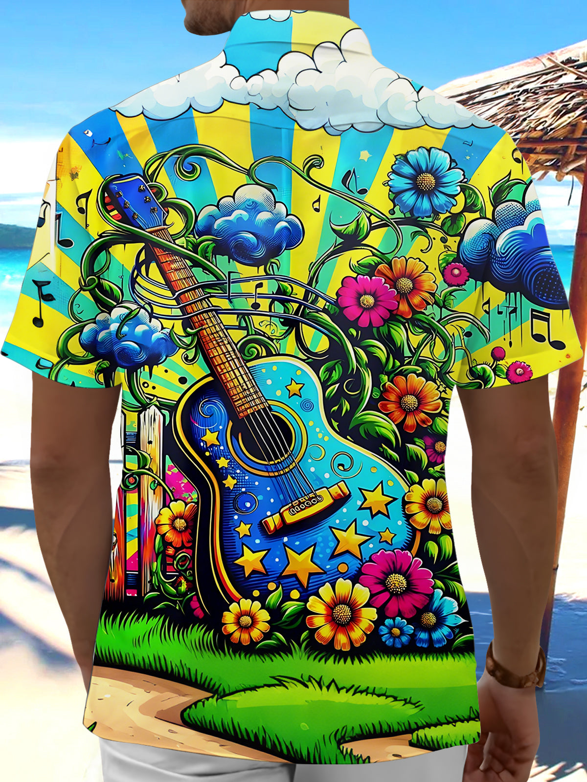 Guitar Flower Print Men's Pocket Short Sleeve Shirts