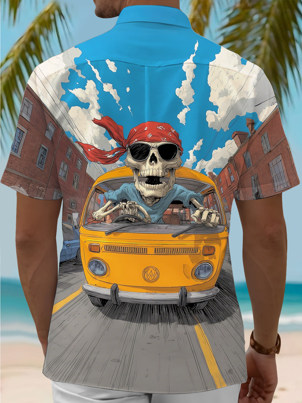 Skull Car Print Men's Pocket Short Sleeve Shirts