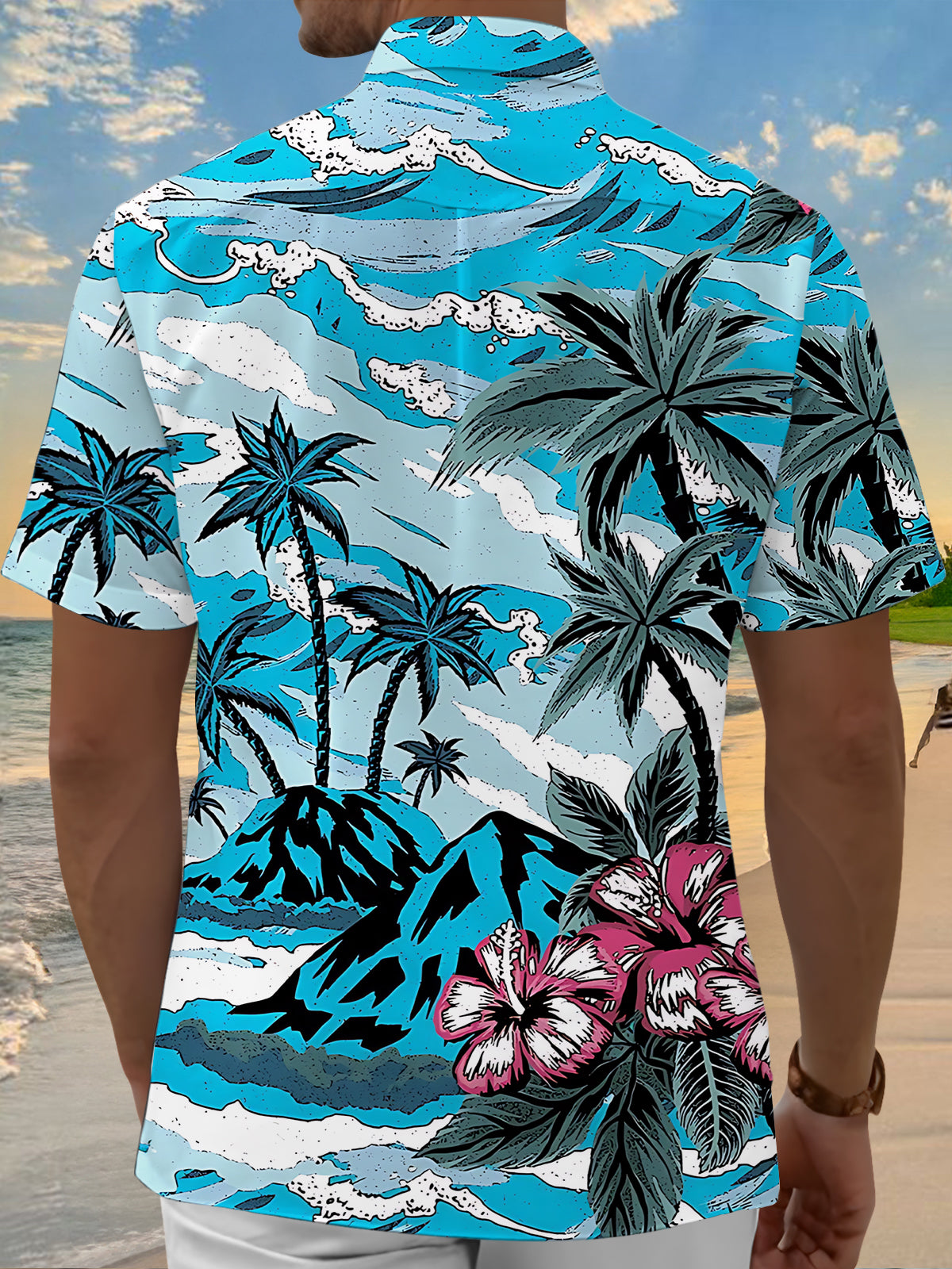 Hawaiian Palm Tree Flower Print Men's Pocket Short Sleeve Shirts