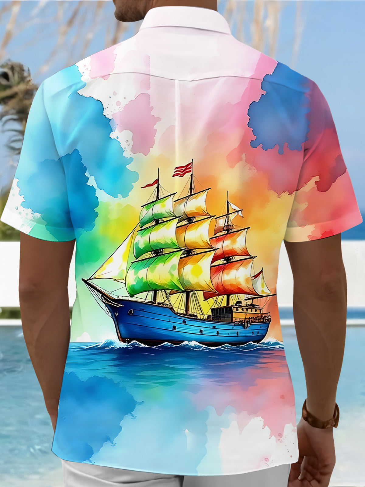 Boat Print Men's Pocket Short Sleeve Shirts