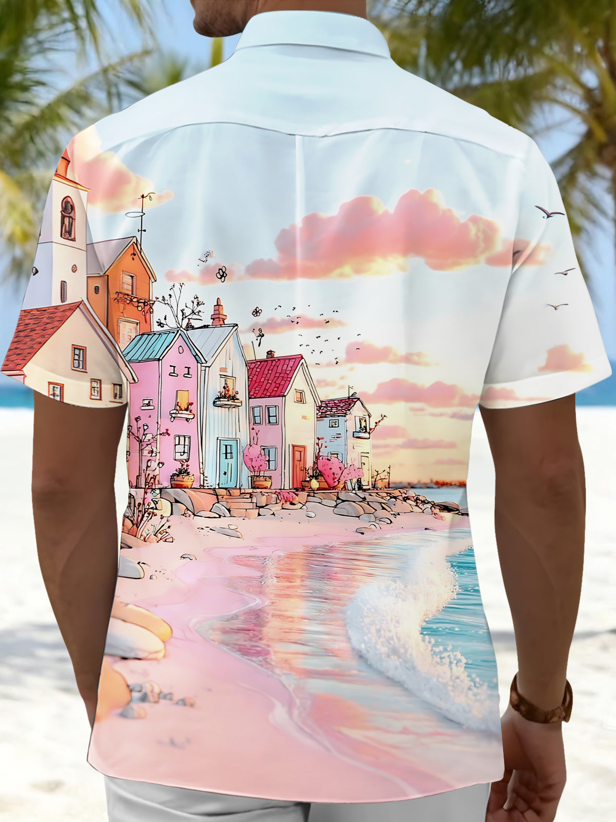 Beach House Print Men's Pocket Short Sleeve Shirts