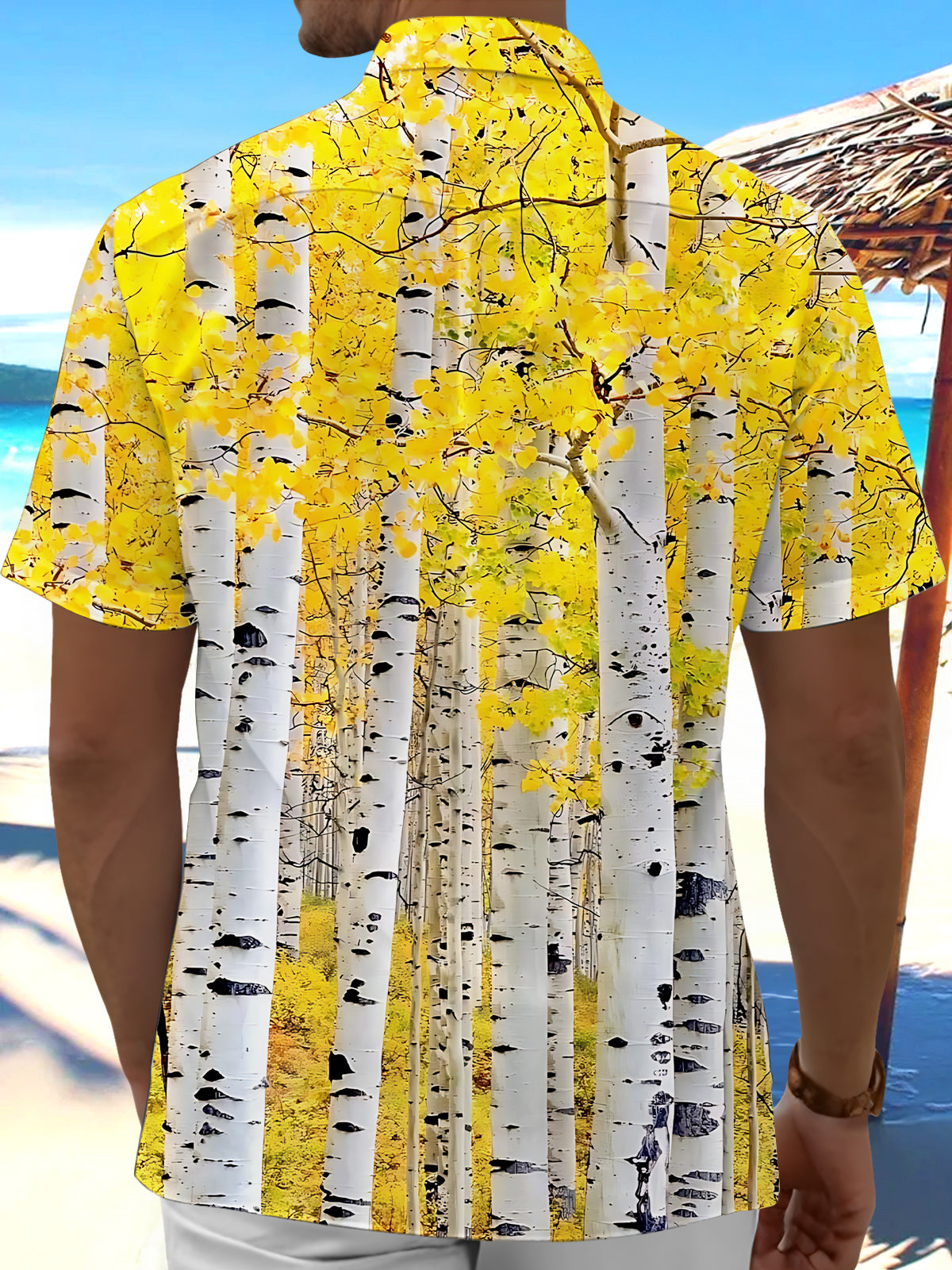 White Poplar Print Men's Pocket Short Sleeve Shirts