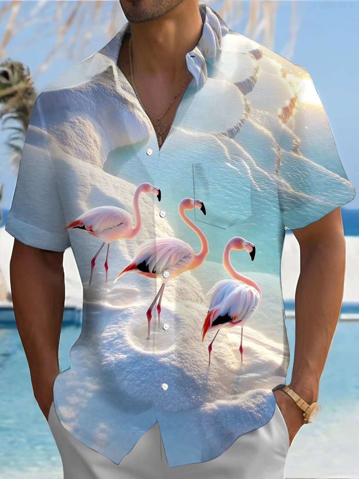 Flamingo Print Men's Pocket Short Sleeve Shirts