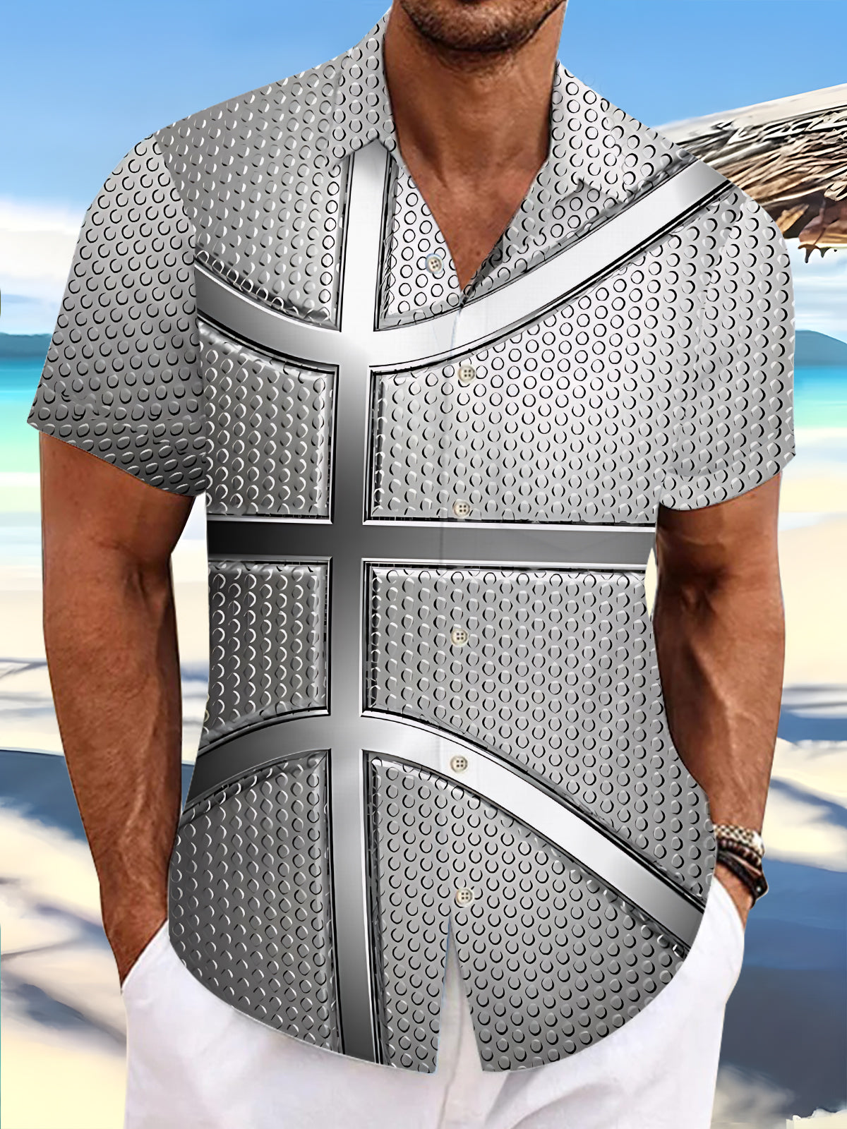 Silver Basketball Print Men's Pocket Short Sleeve Shirts