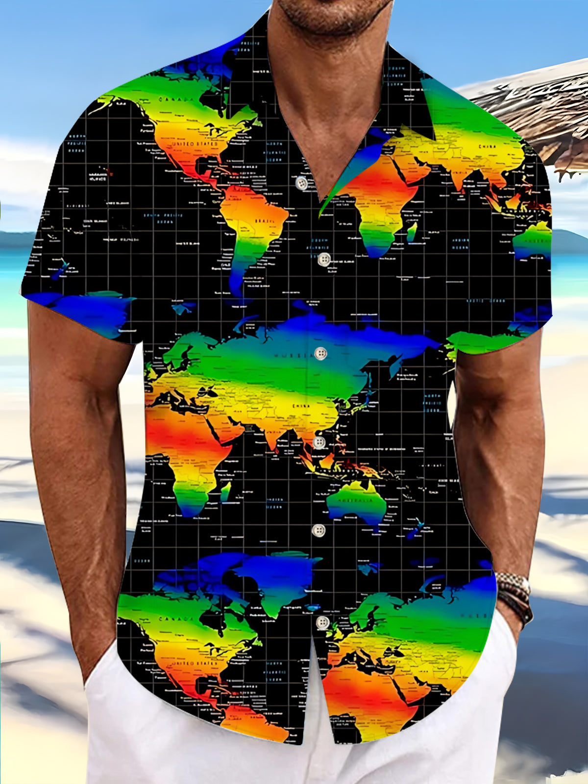 Map Print Men's Pocket Short Sleeve Shirts