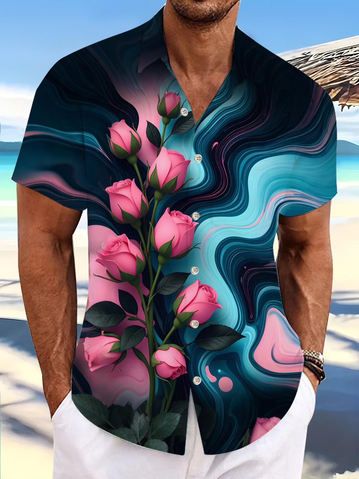 Floral Print Men's Pocket Short Sleeve Shirts