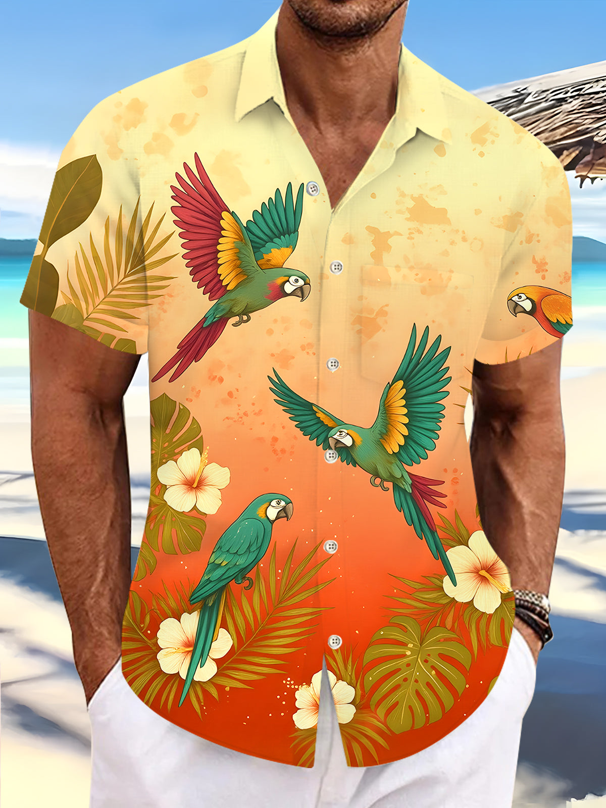 Parrot Floral Men's Pocket Short Sleeve Shirts