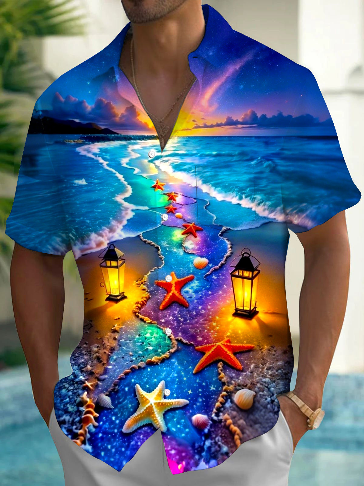 Beach Scenery Print Men's Pocket Short Sleeve Shirts