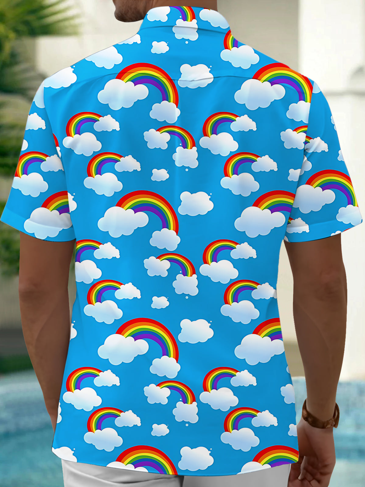 Rainbow Cloud Print Men's Pocket Short Sleeve Shirts
