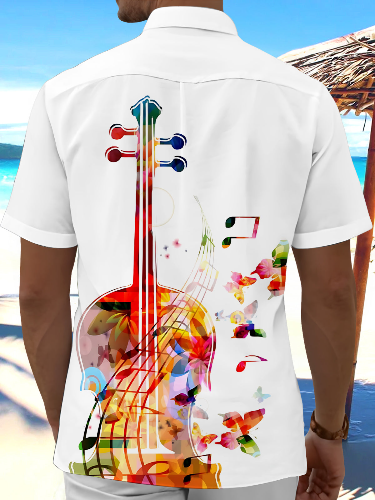 Violin Butterfly Print Men's Pocket Short Sleeve Shirts