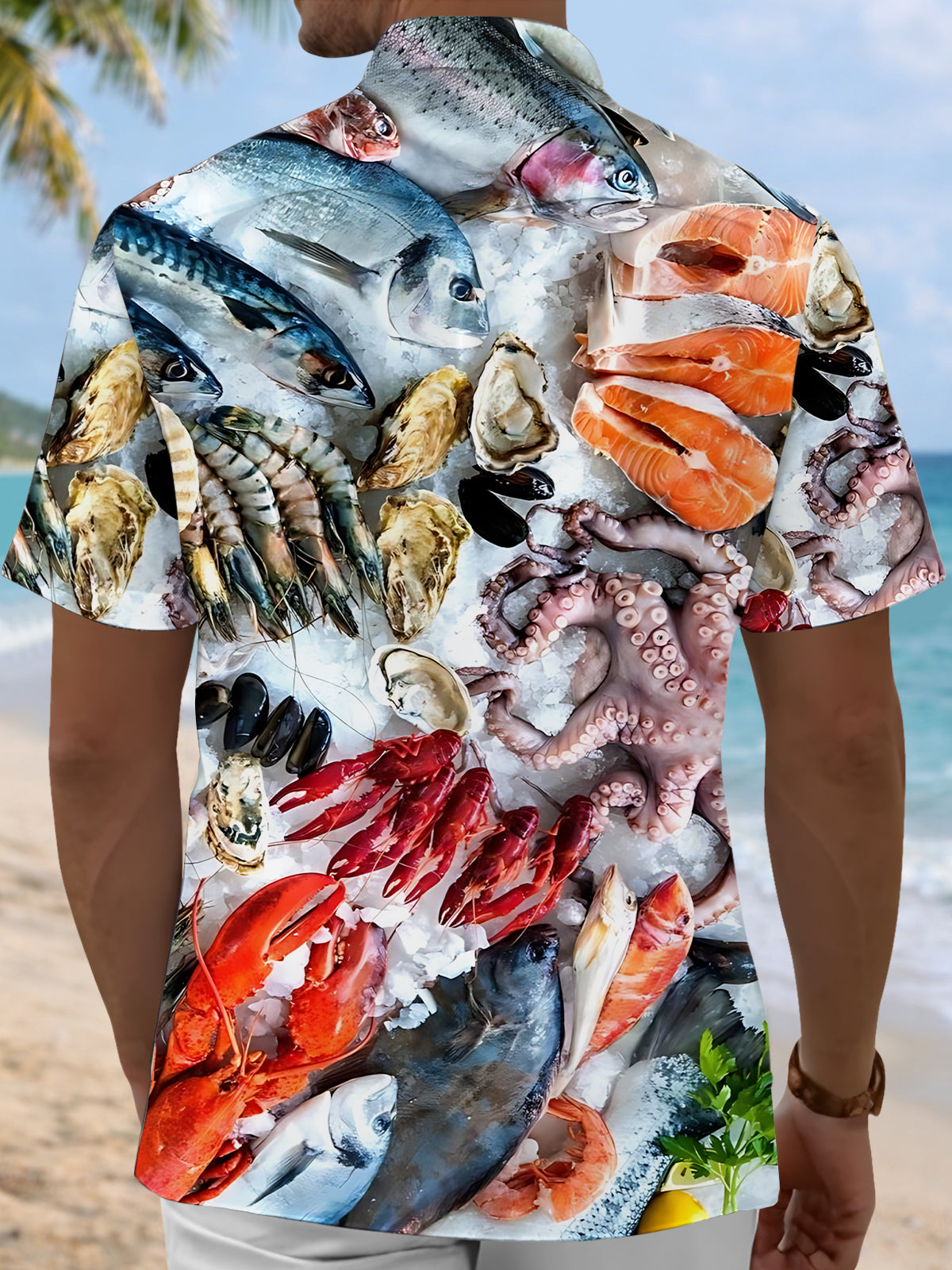 Seafood Print Men's Pocket Short Sleeve Shirts