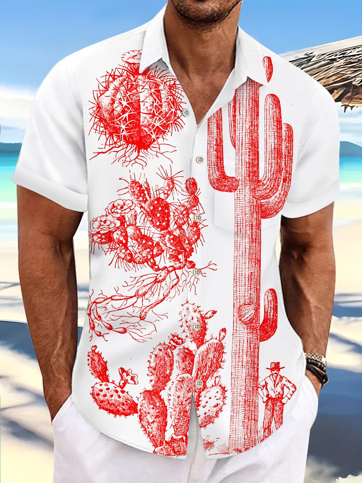 Cactus Print Men's Pocket Short Sleeve Shirts