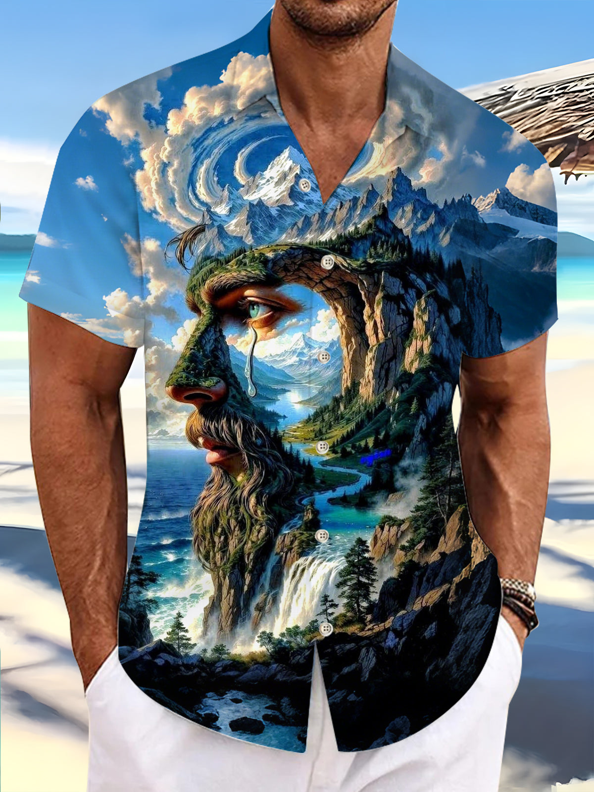 Face Mountain Ocean Print Men's Pocket Short Sleeve Shirts