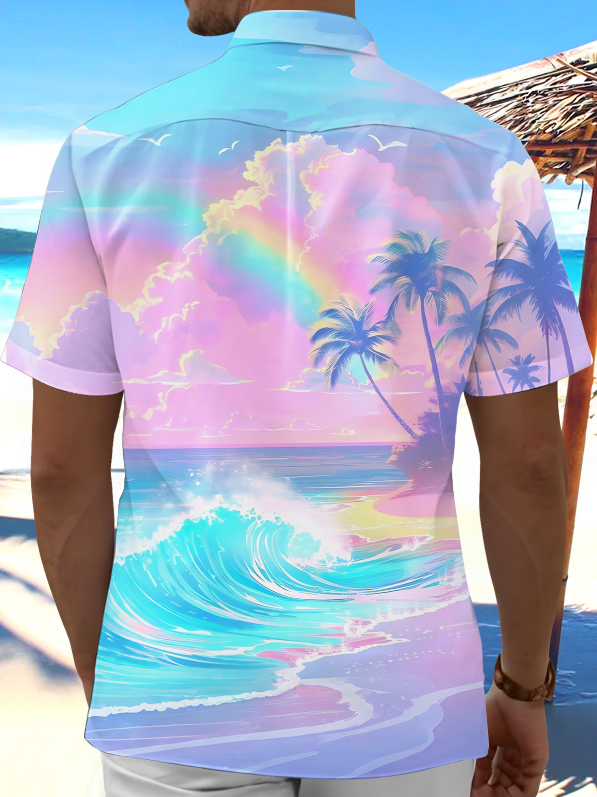 Hawaii Coconut Tree Rainbow Ocean Print Men's Pocket Short Sleeve Shirts