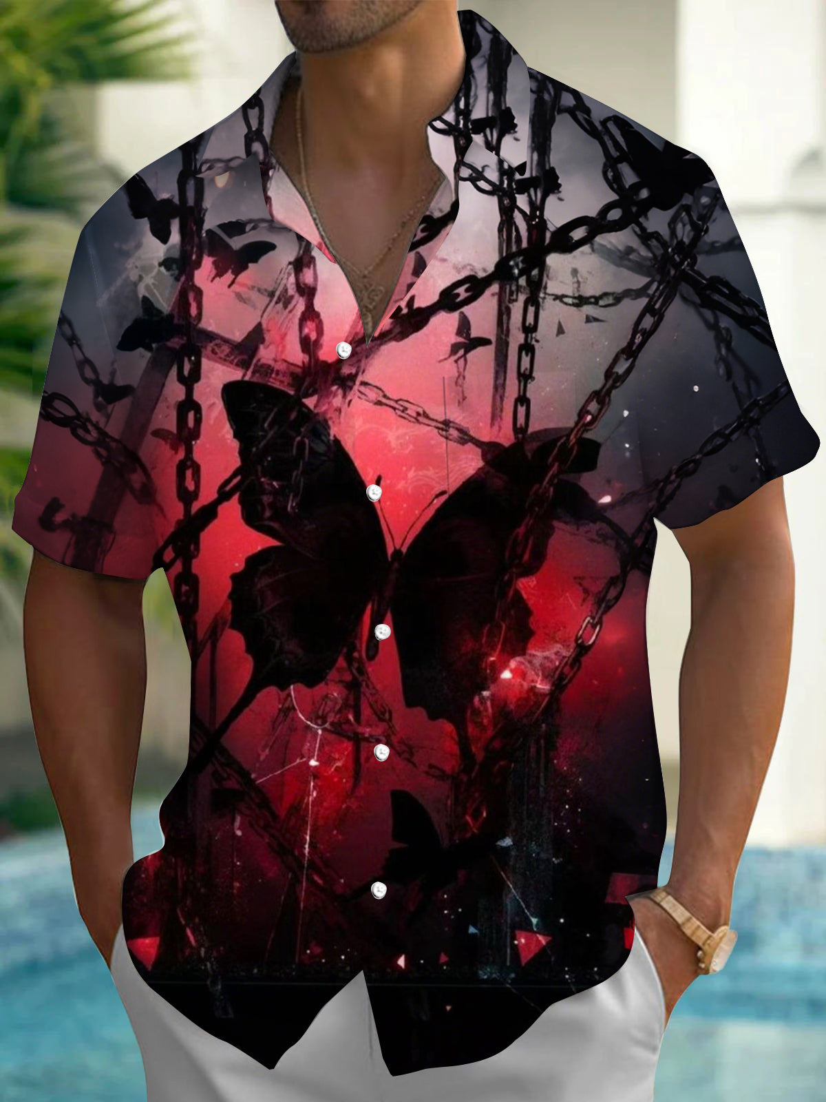 Butterfly Print Men's Pocket Short Sleeve Shirts