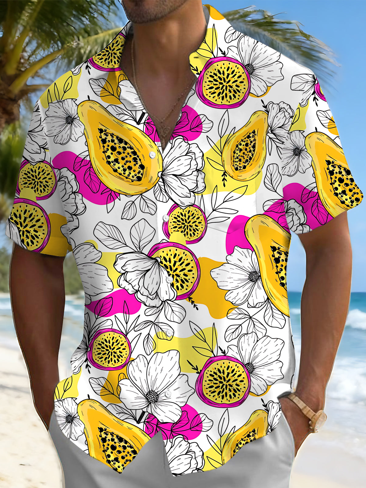 Papaya Flower Print Men's Pocket Short Sleeve Shirts