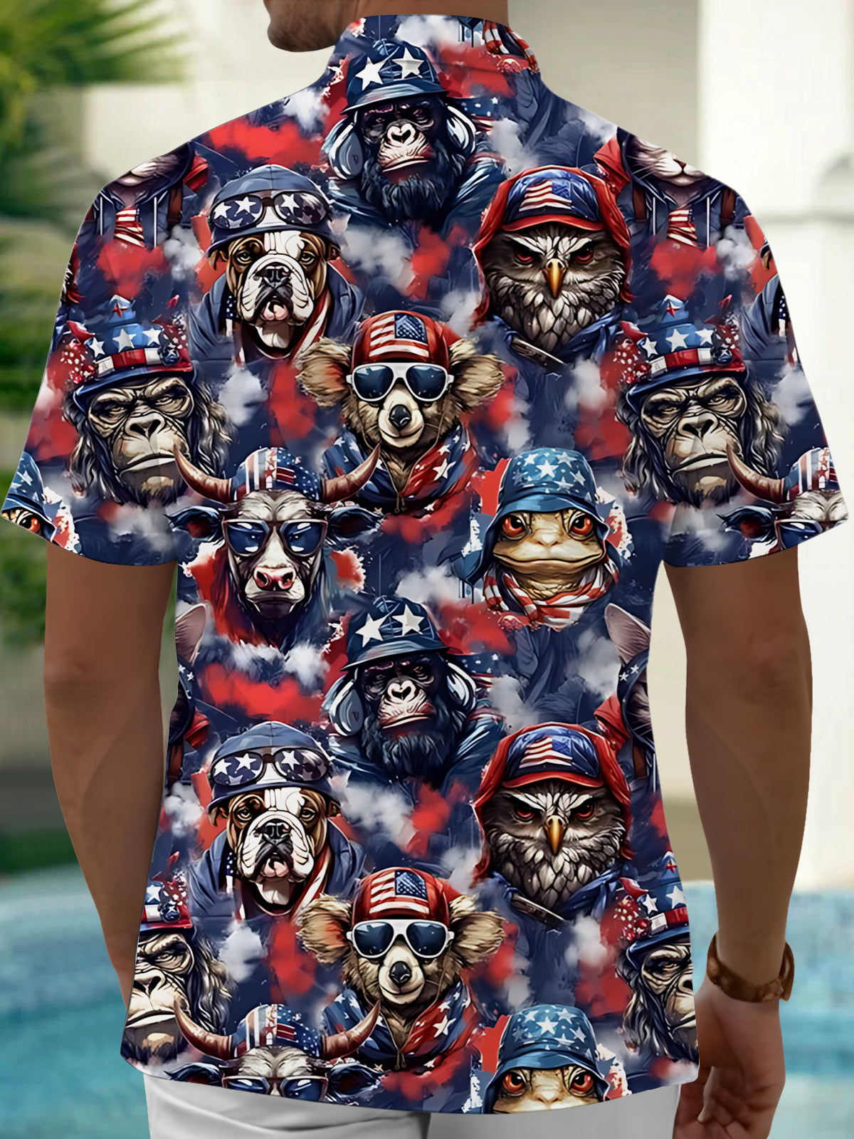 American Flag Animal Print Men's Pocket Short Sleeve Shirts