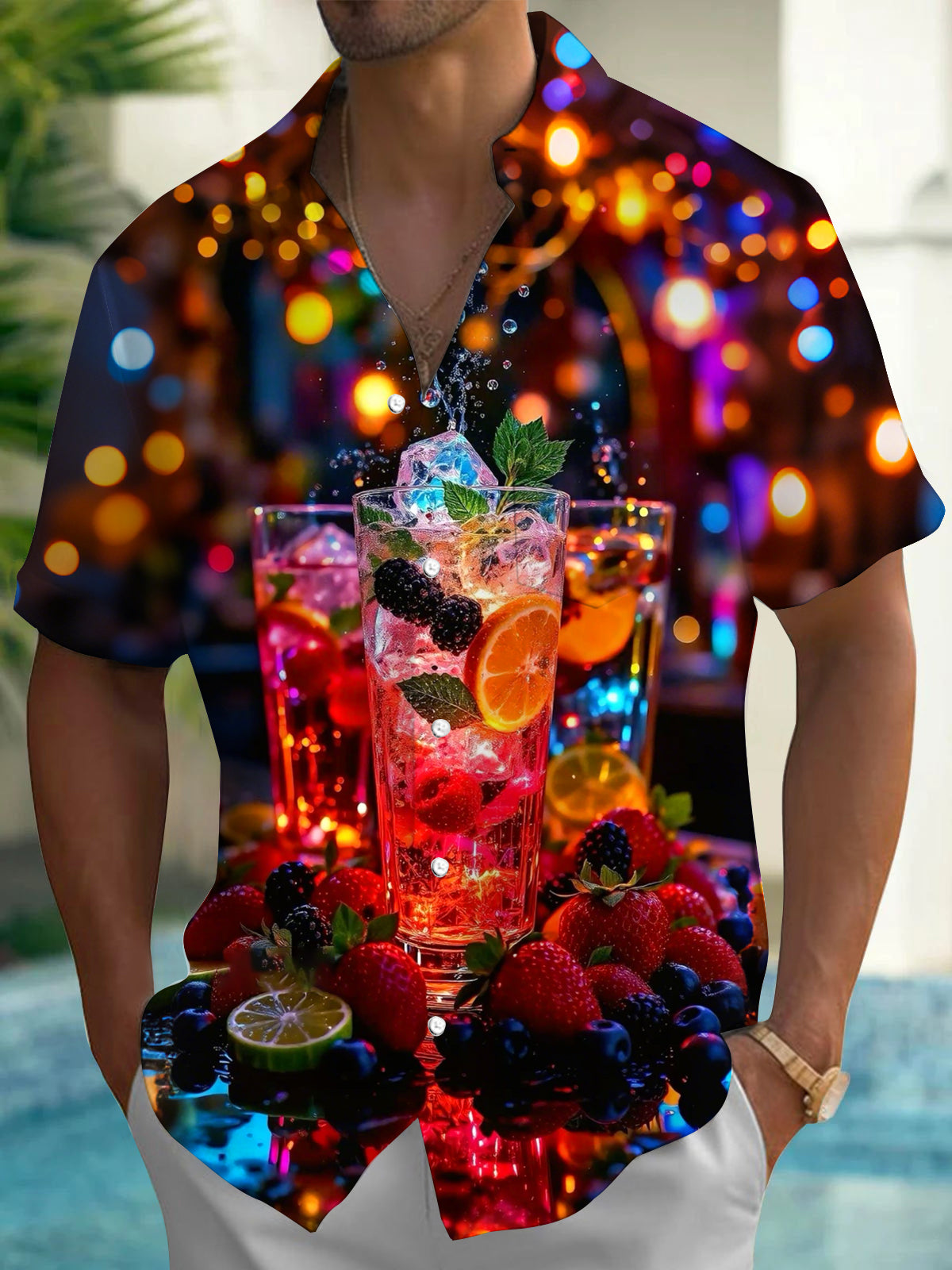 Fruit Cocktail Print Men's Pocket Short Sleeve Shirts