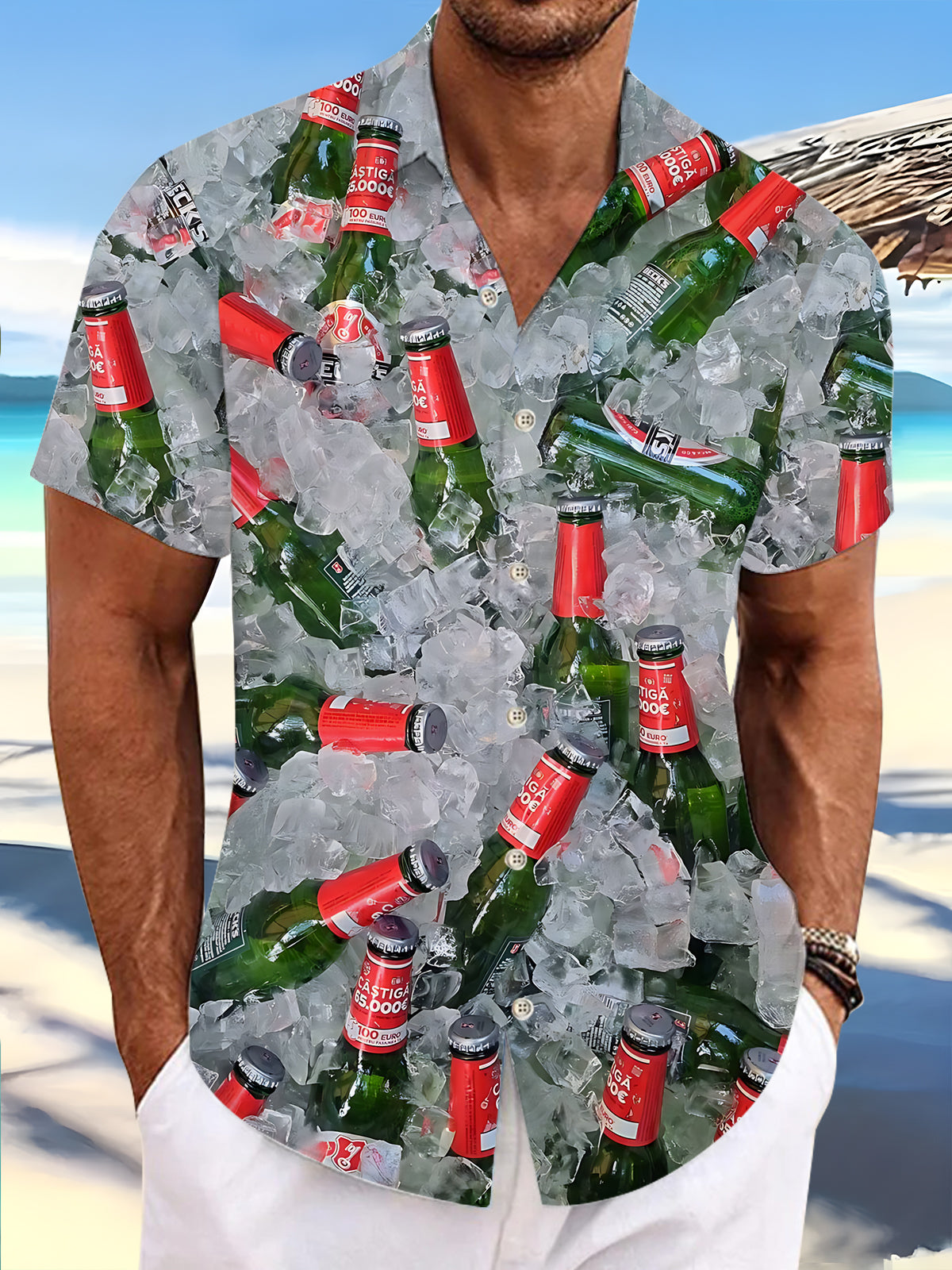 Beer Print Men's Pocket Short Sleeve Shirts