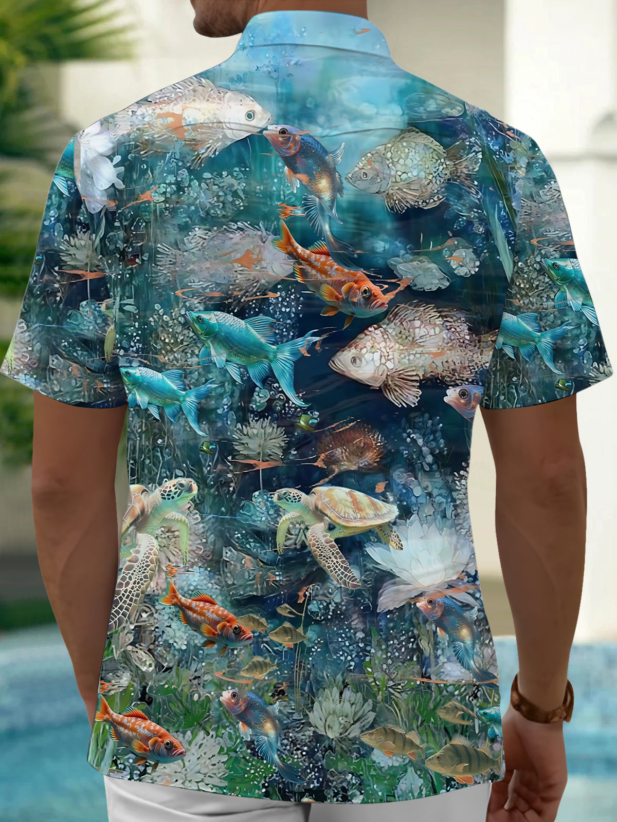 Marine Life Print Men's Pocket Short Sleeve Shirts