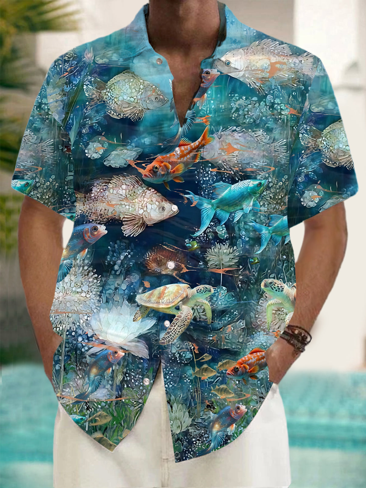 Marine Life Print Men's Pocket Short Sleeve Shirts